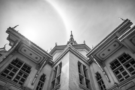 A great marble church with sun halo and sky,Black and white picture style, HDR image, Wat Sothorn, Chachoengsao Thailandの写真素材
