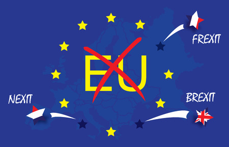 Star of the United Kingdom,netherland,france Flag striped jump from flag of European Union , text EU with red cross , meaning rupture of United kingdom and European union, vector illustration, BREXIT, NEXIT,FREXITのイラスト素材