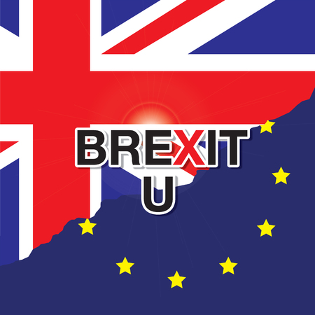 Flags of the United Kingdom and the European Union with a rift, text BREXIT,U , meaning rupture of United kingdom and European union, vector illustrationのイラスト素材
