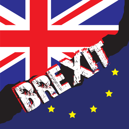 Flags of the United Kingdom and the European Union with a rift, text BREXIT, meaning rupture of United kingdom and European union, vector illustrationのイラスト素材