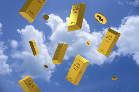 Falling price of gold represented by a golden yellow metal bar and dollar coins going down from sky,gold drop,pricing,rich,price of life,lottery winner concept,3d rendering illustrationの写真素材