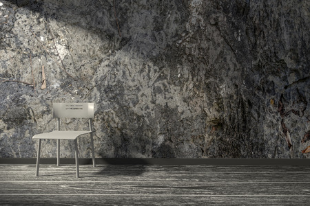 3D rendering : illustration, minimalism loft style interior,white chair on a wooden floor against stone wallの写真素材