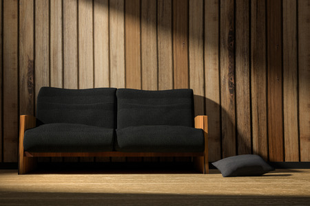 3D rendering : illustration of interior wooden room with modern loft minimalism furniture style in the sunrise or sunset moment.の写真素材