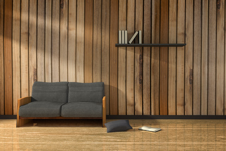 3D rendering : illustration of interior wooden room with modern loft minimalism furniture style in the sunrise or sunset moment.の写真素材