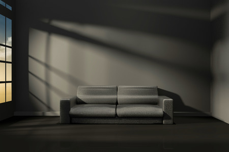 3D Rendering : illustration of interior room of modern black feeling with modern leather sofa furniture at the middle of room, morning or sunset light,close to evening feelingの写真素材