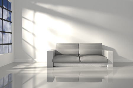 3D Rendering : illustration of interior room of minimalism white feeling with modern leather sofa furniture at the middle of room on shiny floor, morning or sunset light,Blue sky at outdoorの写真素材