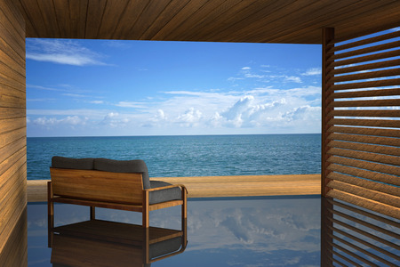 3D rendering : illustration of modern wooden sofa  interior decoration at balcony outdoor wooden room style with Sundeck on Sea view for vacation and summer / 3d render outdoor livingの写真素材