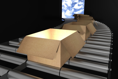 3d rendering : illustration of Perspective view of Cardboard boxes on Conveyor Belt of steel.box open. Part of warehouse and logistics series.assembly line.light in front boxの写真素材