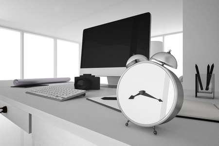 3D rendering : illustration of retro alarm clock put on wooden table.with blurred work place in bakcground.morning work.wake up to worked concept.copyspaceの写真素材