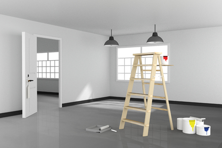 3D rendering : illustration of repair ladder for painter of wall painting.decoration your home concept.re-new youre home concept.design your interior color of the wallの写真素材