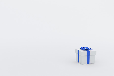 3d Rendering : illustration of realistic white square gift box with blue ribbon bow in empty room.isolate on white background.copy space for add your textの写真素材