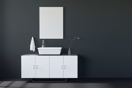3d rendering : illustration of white mock up frame. hipster background. mock up white poster or picture frame. toilet interior. white ceramic basinの写真素材