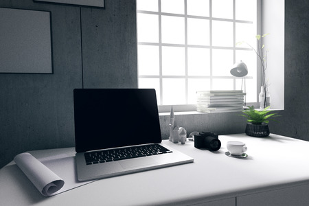 3D Rendering : illustration of modern interior Creative designer office desktop with PC computer.close up pc laptops mock up working place of graphic design.Mock up.shiny floor.light from outsideの写真素材