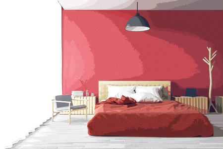 3D rendering : illustration of big spacious bedroom in soft light color. bed in elegant classic modern bedroom.interior design of house.modern wooden tile house, filtered image to comic halftone styleの写真素材