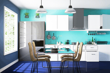 3D rendering : illustration of White interior modern kitchen room design with two vintage lamp hanging.sun light shining from outside of the room.design your home, comic halftone picture styleの写真素材