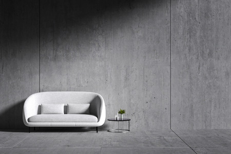 3d rendering : room Minimalist interior light and shadow with white fabric chair and white book shelf at front of cement concrete floor and wall. minimalism style loft cement wall in backgroundの写真素材