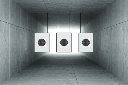 3d rendering : illustration of Abstract square cement concrete tunnel interior with shooting target hanging from roof. light at the end of tunnel. go to success on target concept. tunnel backgroundの写真素材