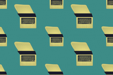 3D rendering : illustration of technology laptop background. laptop pc notebook. equipment top view. journalism concept. filtered image to comic halftone. seamless backgroundの写真素材