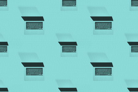 3D rendering : illustration of technology laptop background. laptop pc notebook. equipment top view. journalism concept. filtered image to comic halftone. seamless backgroundの写真素材