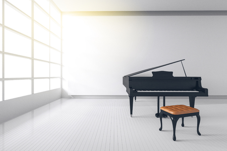 3d rendering : illustration of White room with black wooden open grand piano and chair standing close window. light from outside. Minimalist interior design with copy space. classic modern music roomの写真素材