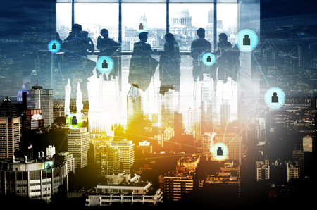 Double exposure photo group of business worker and network sign or future success in new technology...