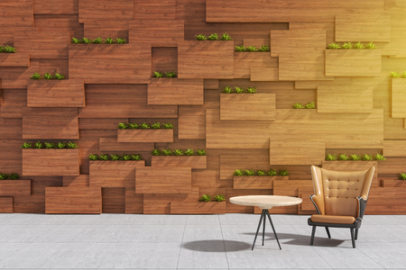3D rendering : illustration of arm chair or sofa against wooden wall with plant. modern interior design . wooden blocks wall and vertical garden. inside or outside design of modern house or condoの写真素材
