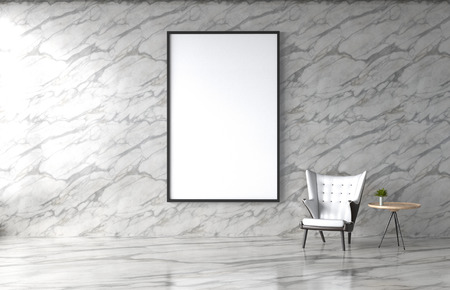 3d rendering : illustration of Modern vintage interior living room. white leather ancient sofa against marble texture  on wall and floor. frame hanging. soft light shining from outside. clipping pathの写真素材