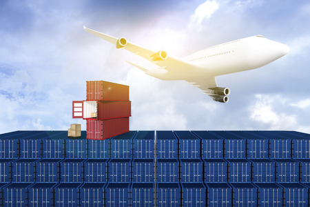 3D rendering : illustration of Wide view of Container terminal with blue sky and Commercial airplane...
