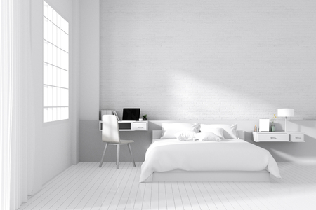 3D Rendering : illustration of cozy modern interior bedroom in soft light colors. big comfortable double bed in elegant classic bedroom. laptop on desk . white brick wall and light from windowの写真素材