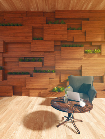 3D rendering : illustration of arm chair or sofa against wooden wall with plant. modern interior design . wooden blocks wall and vertical garden. inside or outside design of modern house or condoの写真素材