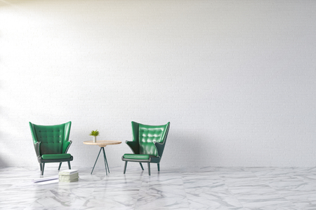 3d rendering : illustration of Modern vintage interior living room. green leather ancient sofa against white brick wall with white marble texture floor. soft light shining from outsideの写真素材