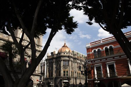 Puebla downtown, old buildingsの写真素材