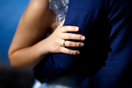 bride hands with wedding rings, close-upの写真素材
