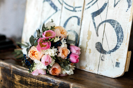wedding bouquet of pink and white roses, tulipsの写真素材
