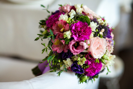 Wedding bright bouquet on the tableの写真素材