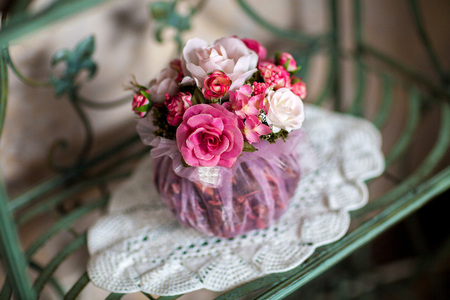 Wedding bright bouquet on the tableの写真素材