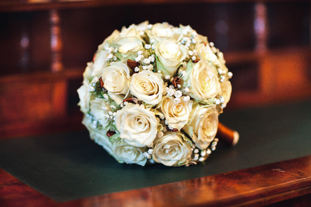 Wedding bright bouquet on the tableの写真素材