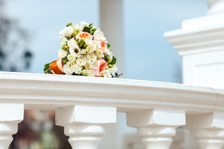 Wedding summer bouquet against the blue skyの写真素材