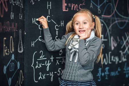 school board, math formula, schoolgirl with very surprised face.