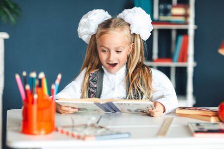 Cute Primary Schoolgirl Read Textbook Do Homeworkの写真素材