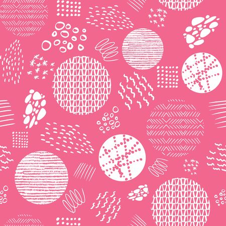 Creative doodle art with differents shapes and textures. Seamless repeat pattern with geometric elements. Collage with circles, stripes and dots. Vector illustration.のイラスト素材