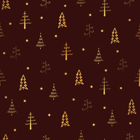 Christmas tree and star vector seamless, repeat pattern. Gold trees and stars on red background. Doodle trees, hand drawn illustration for background, print or textile design.のイラスト素材