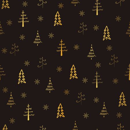Christmas tree and snowflake vector seamless, repeat pattern. Gold trees and snowflakes on brown background. Doodle trees, hand drawn illustration for background, print or textile design.のイラスト素材