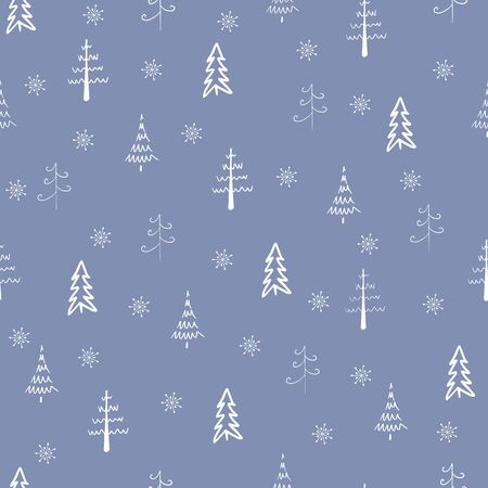 Christmas tree and snowflake vector seamless, repeat pattern. White trees and snowflakes on blue background. Doodle trees, hand drawn illustration for background, print or textile design.のイラスト素材