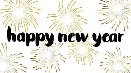 Hand drawn brush pen lettering. Happy new year in lower case letters and golden firework. Design for holiday greeting cards, invitations and backgrounds. Perfect for seasonal holidays. Vector.のイラスト素材