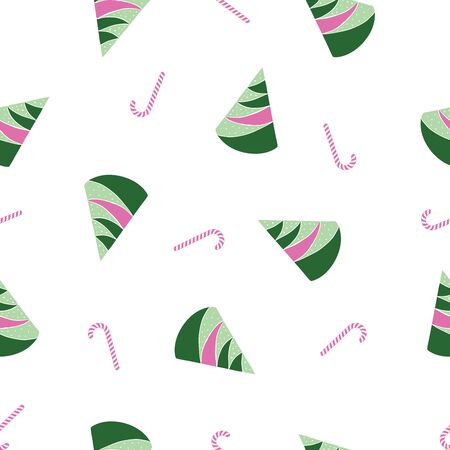 Abstract pink and green christmas trees and candy sticks on white background. Seamless repeat pattern for christmas holidays. For background, wallpaper or textile design. Vector illustration.のイラスト素材