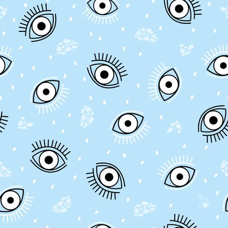 Seamless repeat pattern with white and black eyes and white dots.Perfect for textile, wallpaper and interior design.のイラスト素材