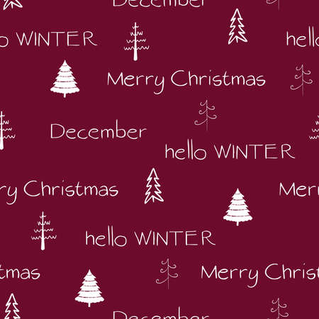 Hello winter, december, merry christmas text with white trees on red background. Seamless repeat christmas pattern for print, textile design or paper projects. Vector illustration.のイラスト素材