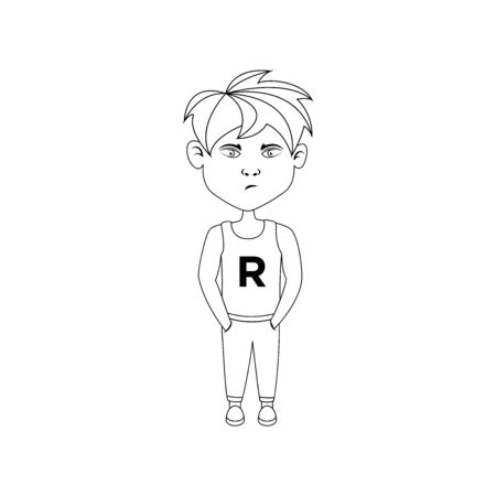 cartoon character boy .composed with a serious expression. in line styleのイラスト素材