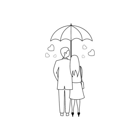a pair of men and women standing umbrella, prewedding, romantic, line design vector illustrationのイラスト素材
